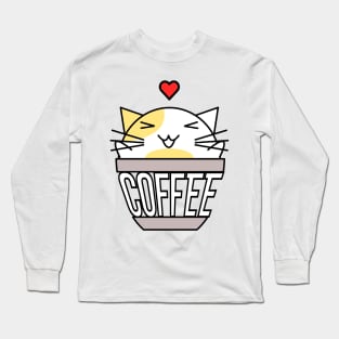 Happy cat in coffee cup with warped text heart on head yellow Long Sleeve T-Shirt
